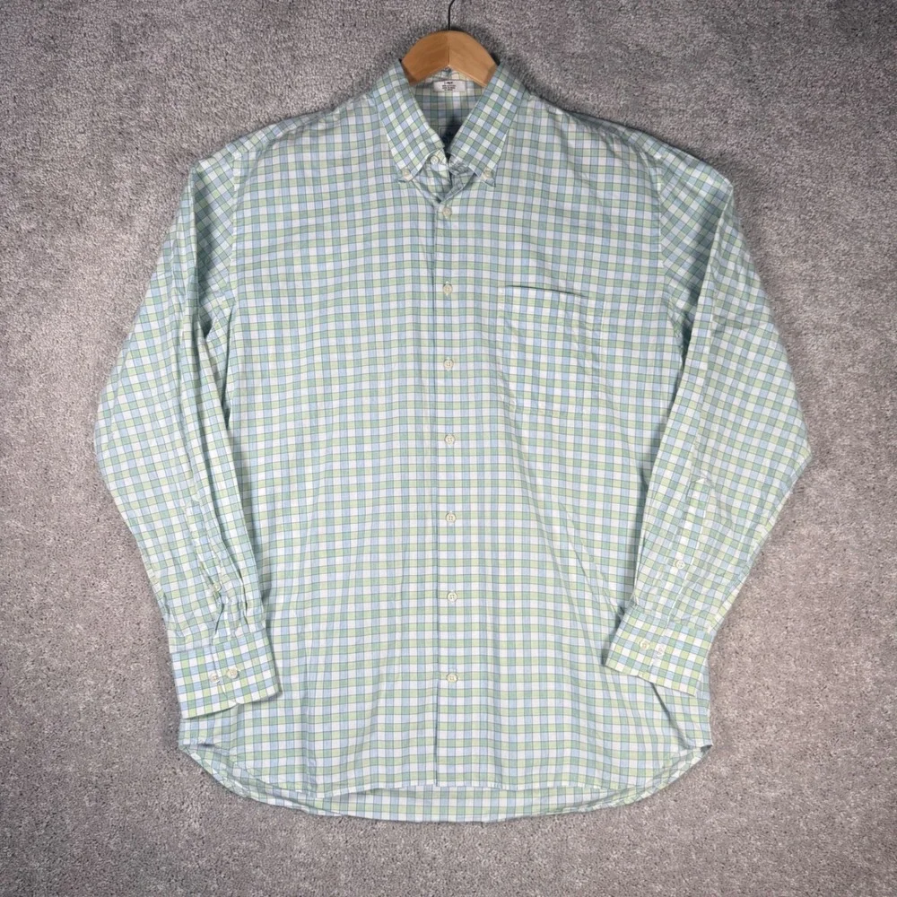Peter Millar Men's Large Green Blue Gingham Plaid Button Down Shirt Long Sleeve
